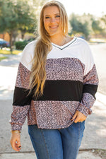 Load image into Gallery viewer, Black Leopard Print Colorblock V Neck Long Sleeve Plus Size Top - Fashion Queen - 1