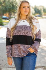 Load image into Gallery viewer, Black Leopard Print Colorblock V Neck Long Sleeve Plus Size Top - Fashion Queen - 4