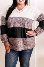 Load image into Gallery viewer, Black Leopard Print Colorblock V Neck Long Sleeve Plus Size Top - Fashion Queen - 8