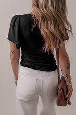 Load image into Gallery viewer, Black Mesh Ruffled Sleeve Slim Fit V Neck Top - Fashion Queen - 2