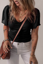 Load image into Gallery viewer, Black Mesh Ruffled Sleeve Slim Fit V Neck Top - Fashion Queen - 3