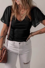 Load image into Gallery viewer, Black Mesh Ruffled Sleeve Slim Fit V Neck Top - Fashion Queen - 4