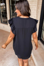 Load image into Gallery viewer, Black Notched Neck Ruffle Sleeve Blouse - Fashion Queen - 2