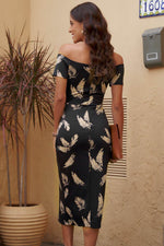 Load image into Gallery viewer, Black Pattern Print Off Shoulder Slit Bodycon Midi Dress - Fashion Queen - 2