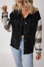 Load image into Gallery viewer, Black Plaid Sleeve Frayed Hem Hooded Denim Jacket - Fashion Queen - 1