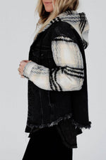 Load image into Gallery viewer, Black Plaid Sleeve Frayed Hem Hooded Denim Jacket - Fashion Queen - 10