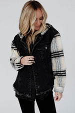 Load image into Gallery viewer, Black Plaid Sleeve Frayed Hem Hooded Denim Jacket - Fashion Queen - 11