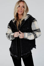 Load image into Gallery viewer, Black Plaid Sleeve Frayed Hem Hooded Denim Jacket - Fashion Queen - 12