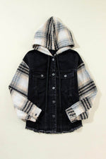 Load image into Gallery viewer, Black Plaid Sleeve Frayed Hem Hooded Denim Jacket - Fashion Queen - 13