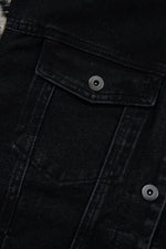 Load image into Gallery viewer, Black Plaid Sleeve Frayed Hem Hooded Denim Jacket - Fashion Queen - 17