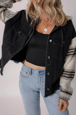Load image into Gallery viewer, Black Plaid Sleeve Frayed Hem Hooded Denim Jacket - Fashion Queen - 4
