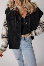 Load image into Gallery viewer, Black Plaid Sleeve Frayed Hem Hooded Denim Jacket - Fashion Queen - 5