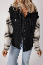 Load image into Gallery viewer, Black Plaid Sleeve Frayed Hem Hooded Denim Jacket - Fashion Queen - 6
