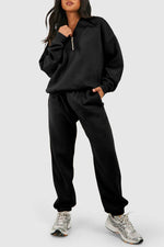 Load image into Gallery viewer, Black Plain Half Zip V Neck Ribbed Edge Loose Tracksuit - Fashion Queen -  1