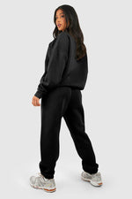 Load image into Gallery viewer, Black Plain Half Zip V Neck Ribbed Edge Loose Tracksuit - Fashion Queen -  2