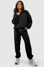 Load image into Gallery viewer, Black Plain Half Zip V Neck Ribbed Edge Loose Tracksuit - Fashion Queen -  3