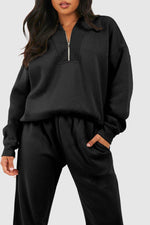 Load image into Gallery viewer, Black Plain Half Zip V Neck Ribbed Edge Loose Tracksuit - Fashion Queen -  4