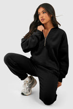Load image into Gallery viewer, Black Plain Half Zip V Neck Ribbed Edge Loose Tracksuit - Fashion Queen -  5