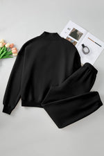 Load image into Gallery viewer, Black Plain Half Zip V Neck Ribbed Edge Loose Tracksuit - Fashion Queen -  7