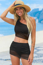 Load image into Gallery viewer, Black Pleated Mesh One Shoulder Bikini Top and Skirts Set - Fashion Queen - 12