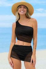 Load image into Gallery viewer, Black Pleated Mesh One Shoulder Bikini Top and Skirts Set - Fashion Queen - 13