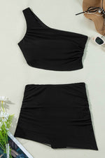 Load image into Gallery viewer, Black Pleated Mesh One Shoulder Bikini Top and Skirts Set - Fashion Queen - 14