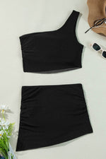 Load image into Gallery viewer, Black Pleated Mesh One Shoulder Bikini Top and Skirts Set - Fashion Queen - 15