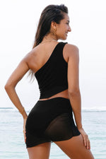 Load image into Gallery viewer, Black Pleated Mesh One Shoulder Bikini Top and Skirts Set - Fashion Queen - 2
