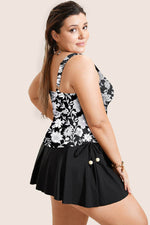 Load image into Gallery viewer, Black Plus Size Printed Square Neck Drawstring Ruffled Tankini Set - Fashion Queen - 11