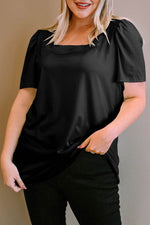 Load image into Gallery viewer, Black Plus Size Square Neck Ruched Shoulder Short Sleeve Top - Fashion Queen - 1