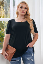 Load image into Gallery viewer, Black Plus Size Square Neck Ruched Shoulder Short Sleeve Top - Fashion Queen - 11