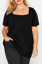 Load image into Gallery viewer, Black Plus Size Square Neck Ruched Shoulder Short Sleeve Top - Fashion Queen - 16