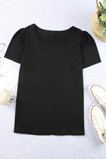 Load image into Gallery viewer, Black Plus Size Square Neck Ruched Shoulder Short Sleeve Top - Fashion Queen - 17