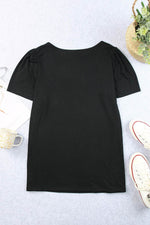 Load image into Gallery viewer, Black Plus Size Square Neck Ruched Shoulder Short Sleeve Top - Fashion Queen - 18