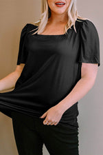 Load image into Gallery viewer, Black Plus Size Square Neck Ruched Shoulder Short Sleeve Top - Fashion Queen - 7