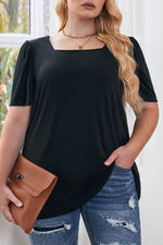Load image into Gallery viewer, Black Plus Size Square Neck Ruched Shoulder Short Sleeve Top - Fashion Queen - 9