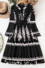 Load image into Gallery viewer, Black Plus Size Western Floral Print Fringed V Neck Dress - Fashion Queen - 2