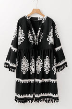 Load image into Gallery viewer, Black Plus Size Western Floral Print Fringed V Neck Dress - Fashion Queen - 4