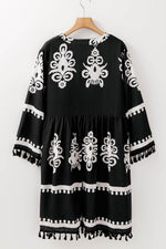 Load image into Gallery viewer, Black Plus Size Western Floral Print Fringed V Neck Dress - Fashion Queen - 5