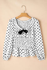 Load image into Gallery viewer, Black Polka Dot Puff Sleeve Bow Square Neck Peplum Top - Fashion Queen - 13