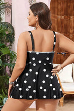 Load image into Gallery viewer, Black Polka Dot Trim V Neck Plus Size Swim Dress - Fashion Queen - 12