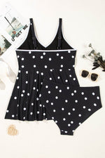 Load image into Gallery viewer, Black Polka Dot Trim V Neck Plus Size Swim Dress - Fashion Queen - 15