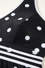 Load image into Gallery viewer, Black Polka Dot Trim V Neck Plus Size Swim Dress - Fashion Queen - 27
