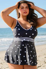 Load image into Gallery viewer, Black Polka Dot Trim V Neck Plus Size Swim Dress - Fashion Queen - 5