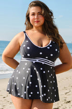 Load image into Gallery viewer, Black Polka Dot Trim V Neck Plus Size Swim Dress - Fashion Queen - 6