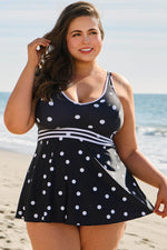 Load image into Gallery viewer, Black Polka Dot Trim V Neck Plus Size Swim Dress - Fashion Queen - 7