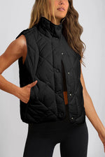 Load image into Gallery viewer, Black Quilted High Neck Button Up Pocket Vest Coat - Fashion Queen - 1