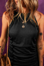 Load image into Gallery viewer, Black Racerback Ribbed Knit Drawstring Bodycon Dress - Fashion Queen - 3