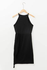 Load image into Gallery viewer, Black Racerback Ribbed Knit Drawstring Bodycon Dress - Fashion Queen - 6
