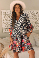 Load image into Gallery viewer, Black Retro Floral Mixed Print Split Neck A-line Dress - Fashion Queen - 1